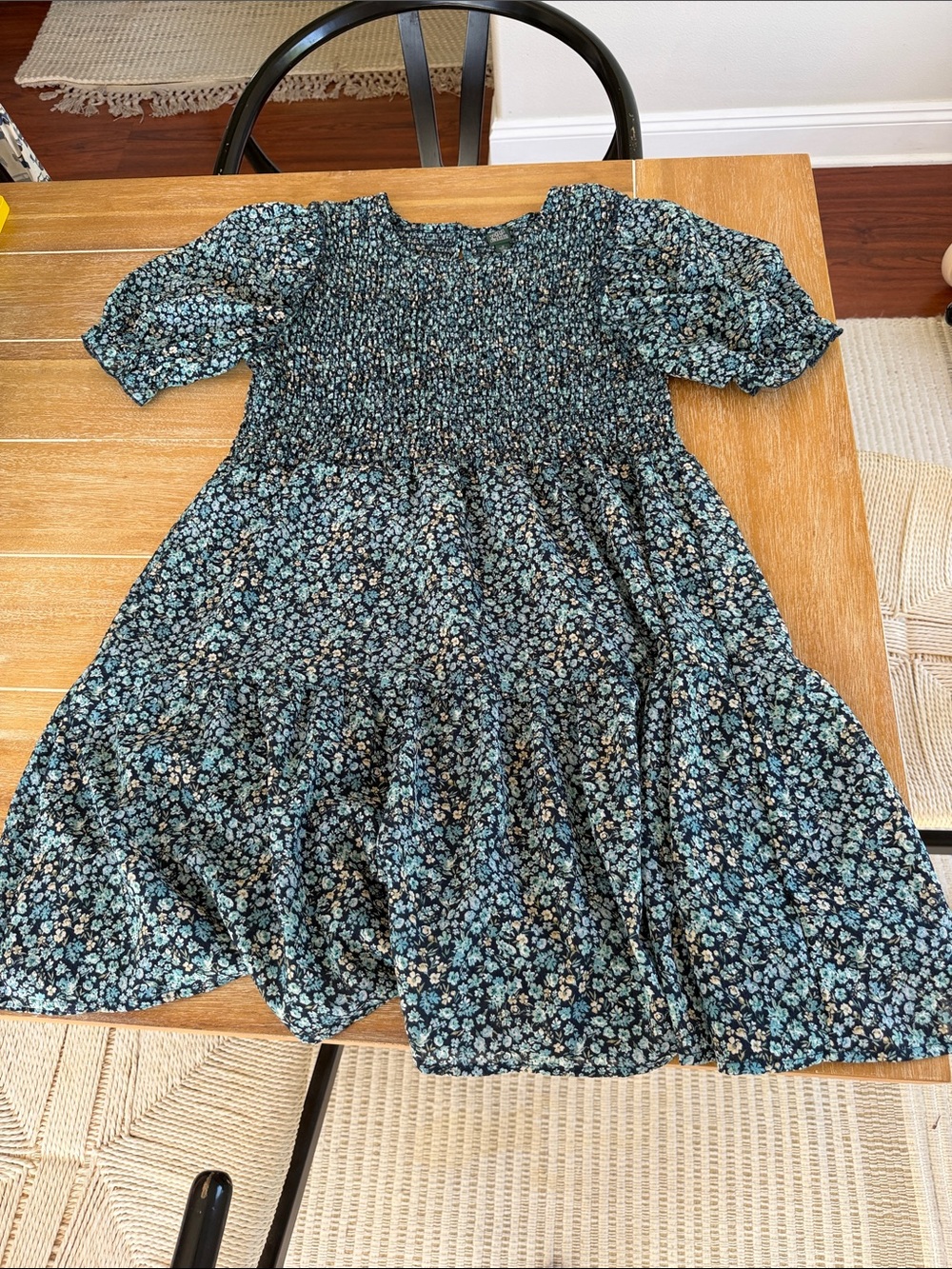 wild fable Black Floral Smocked Midi Dress with Teal and Cream Flowers